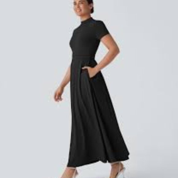 HALARA Dresses & Skirts - 26-NWT HALARA STAND COLLAR SHORT SLEEVE POCKET FLARE MAXI CASUAL DRESS